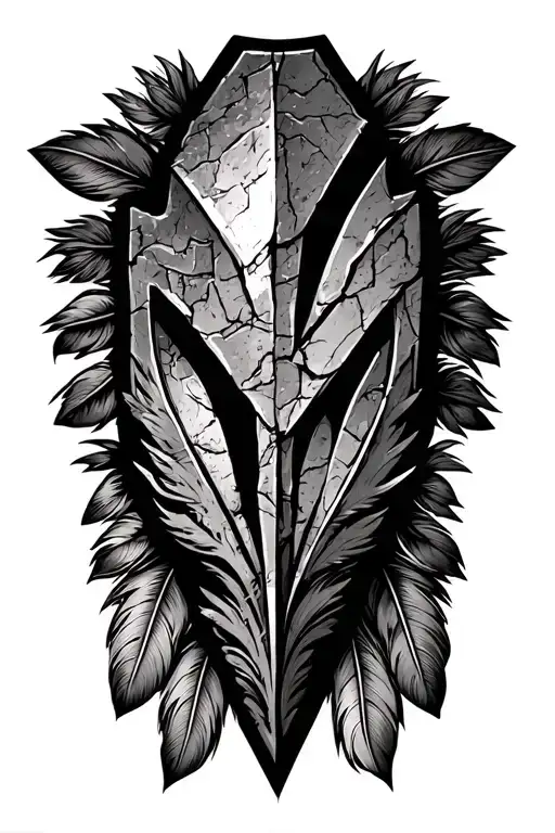 stone arrowhead, feathers with reflection of a spartan battle scene upclose tattoo design idea