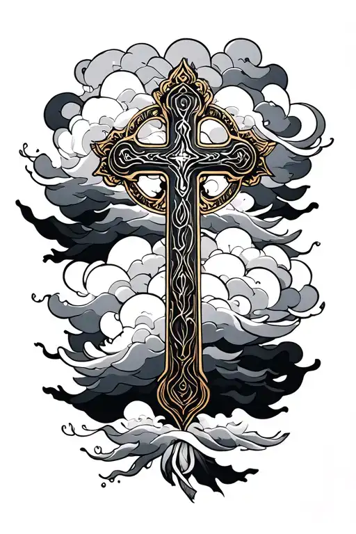 gray cloud Christian cross tattoo black and white tattoo design idea