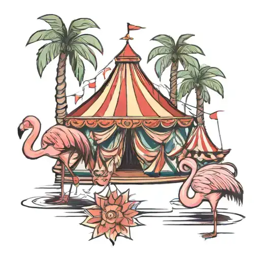 circus tent with palm trees and flamingos  tattoo design idea
