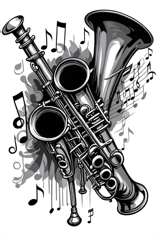 clarinet with music notes emerging from the trumpet end tattoo design idea