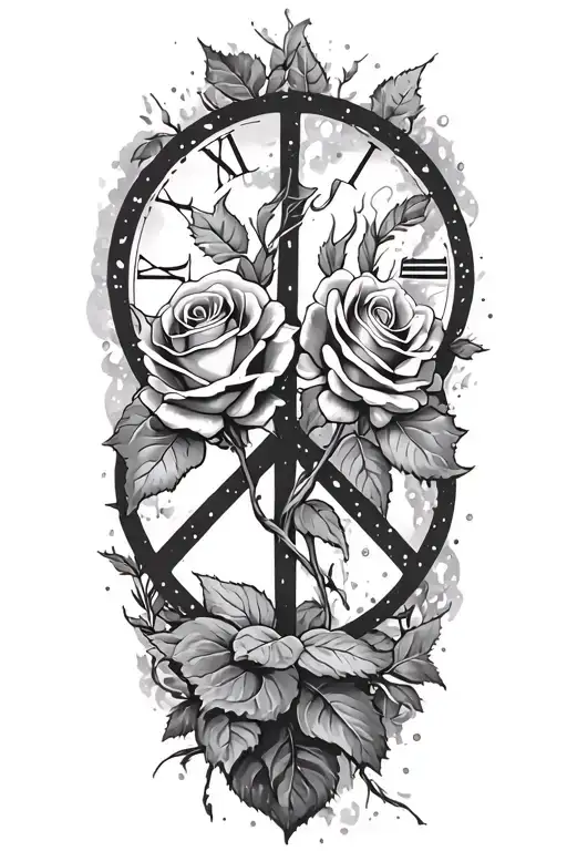 peace and lightining storm and time and nature two roses wrapped tattoo design idea