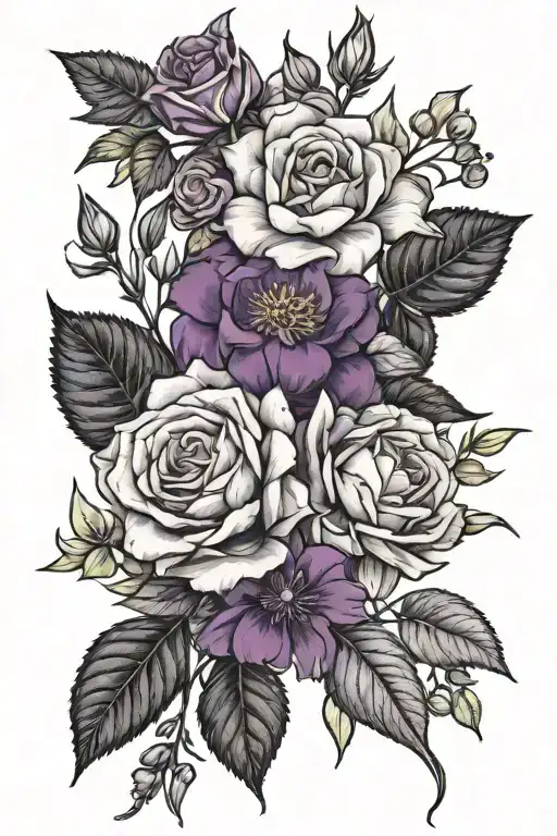 Bouquet of flowers of Purple GeraniumLarkspur Forget-Me-Not Sunflower Honeysuckle Camellia Pink Rose Narcissus tattoo design idea