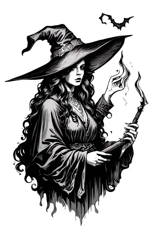 witch casting spells tattoo design idea