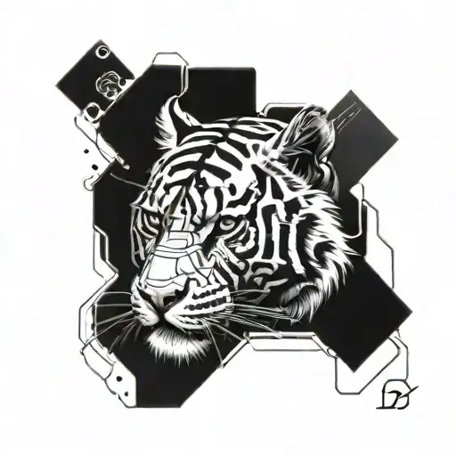A futuristic cyborg tiger with circuit patterns and neural connections integrated into its design tattoo design idea