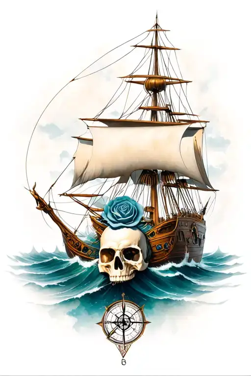 ship rose skull compass tattoo design idea