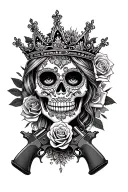 mandala boss lady sugar skull with a crown and a rose also two guns with the words sempre juntos tattoo design idea