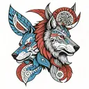 front view three points, left side wolf, right side lion faces, wearing indian cherokee head piece. red grey and blue tattoo design idea