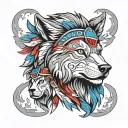 front view three points, left side wolf, right side lion faces, wearing indian cherokee head piece. red grey and blue tattoo design idea