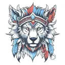 front view three points, left side wolf, right side lion faces, wearing indian cherokee head piece. red grey and blue tattoo design idea