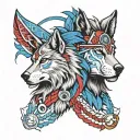 front view three points, left side wolf, right side lion faces, wearing indian cherokee head piece. red grey and blue tattoo design idea