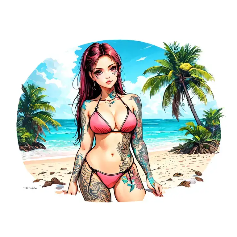 bikini clad tattooed transgender girl with a flat chest on a beach  tattoo design idea