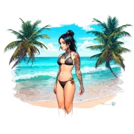 bikini clad tattooed transgender girl with a flat chest on a beach  tattoo design idea