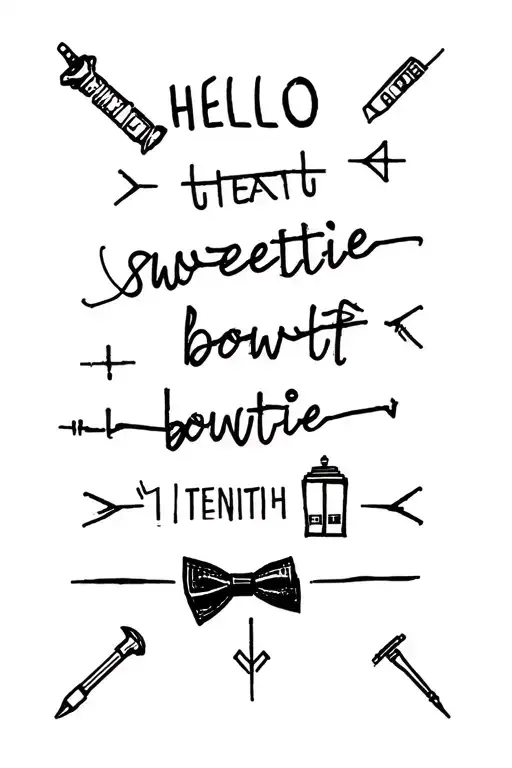 Doctor who tattoo with tardis, hello sweetie, bowtie, and tenth doctors sonic screwdriver tattoo design idea