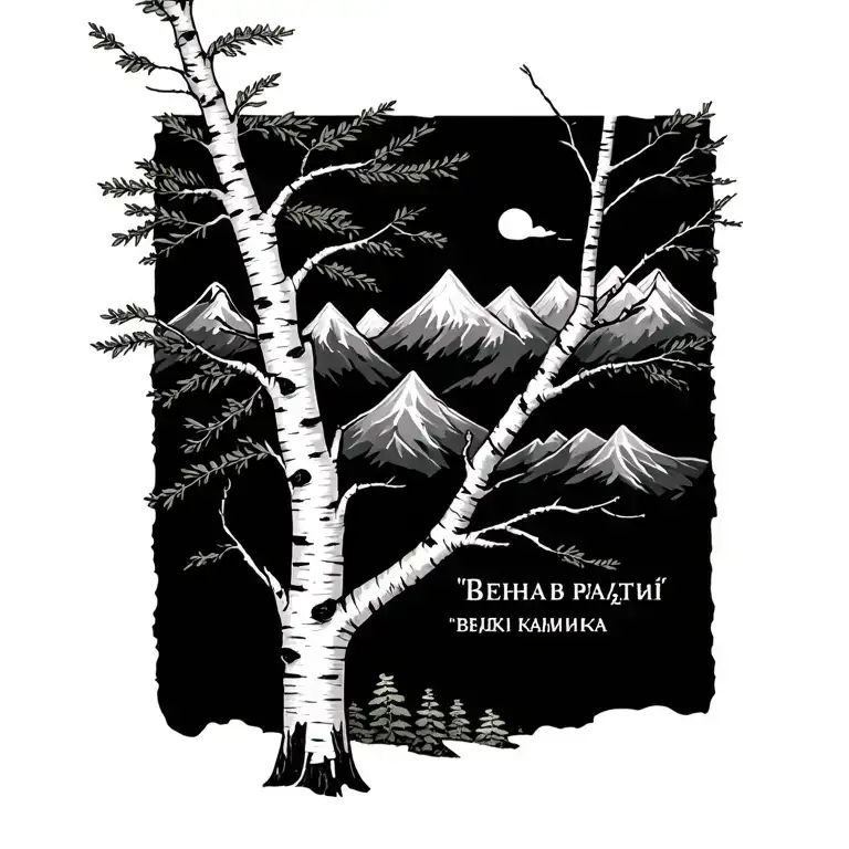 "Вечная память" birch trees with mountains in the background with words in tiny print at the base  tattoo design idea