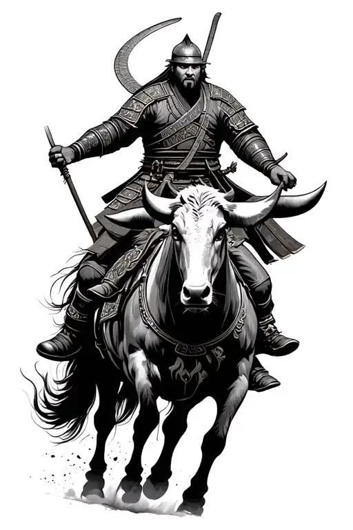 OX and Japanese samurai warrior riding tattoo design idea