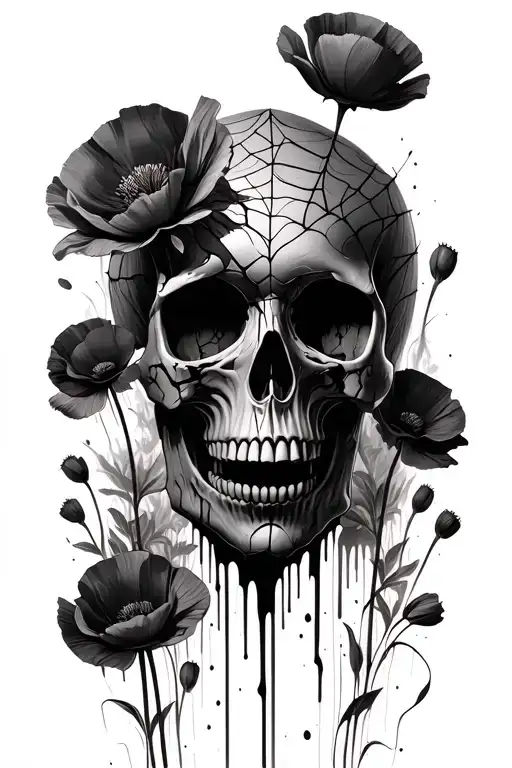 alot of poppie flower field cracked skull with poppies coming out dark and smokey blood dripping, spider web and blood tattoo design idea