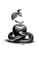 A dotwork tattoo featuring an apple with a snake wrapped around it, symbolizing temptation and the duality of good and evil tattoo design idea