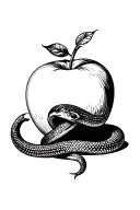 A dotwork tattoo featuring an apple with a snake wrapped around it, symbolizing temptation and the duality of good and evil tattoo design idea