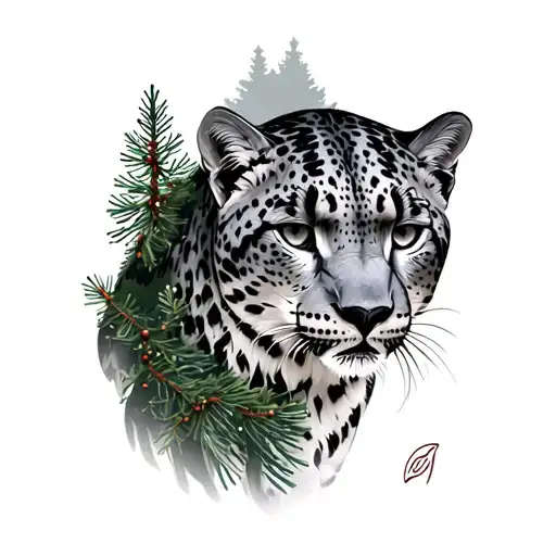 snow leopard with pine trees tattoo design idea