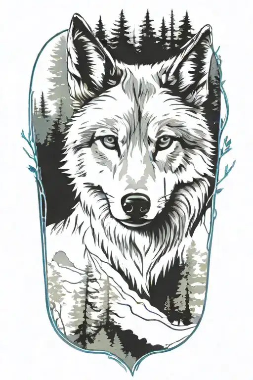 wolf blue eyes forest landscape tattoo design idea