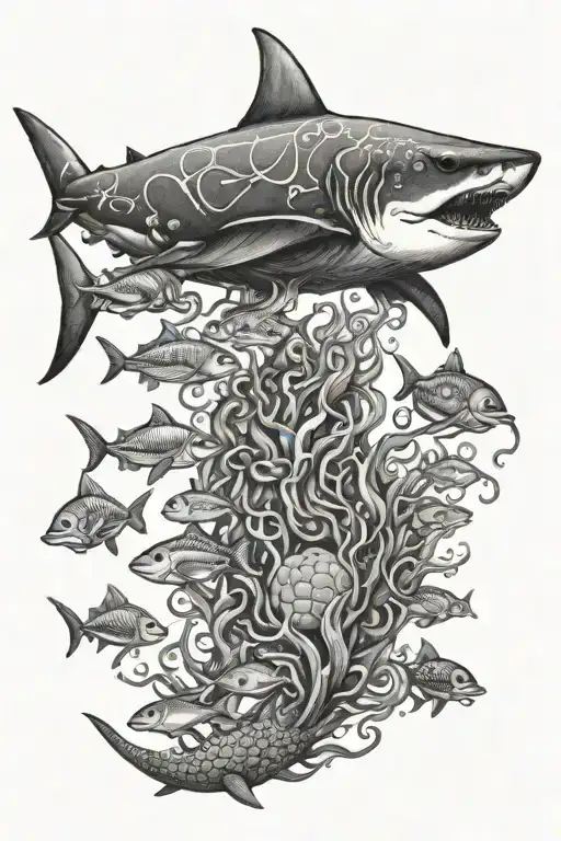 shark, turtle, octopus, many small fish tattoo design idea