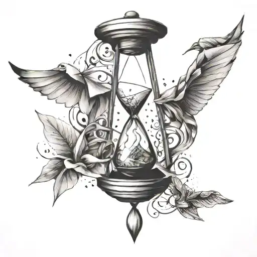 hourglass, compass, origami crane flying tattoo design idea