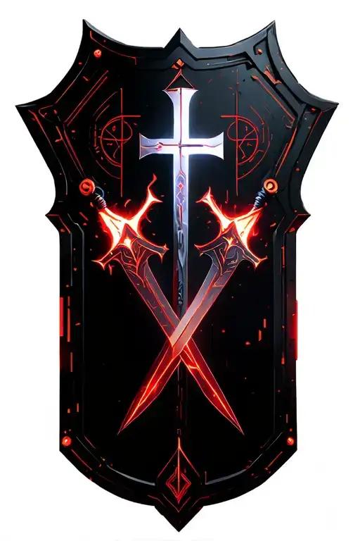 Two cyber daggers , sword and shield in cross shape , red energy, orthodox cross  tattoo design idea