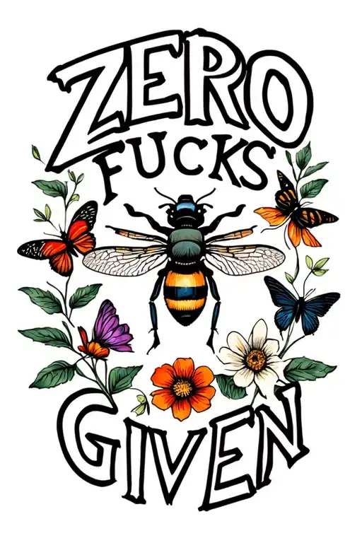 "ZERO FUCKS GIVEN" "ZERO FUCKS GIVEN" bees and dragon flies and flowers and butterflies tattoo design idea
