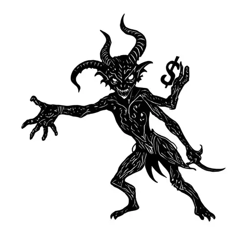little devil silhouette with his hand outstretched with a $ on the hand tattoo design idea