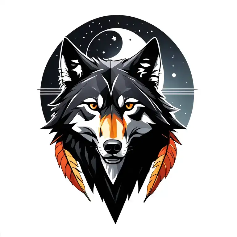 black wolf head with 2 feathers stick to the ear, death star merged with moon on background tattoo design idea