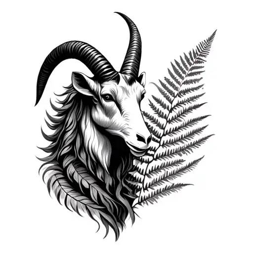 Capricorn sea goat with Filipino tribal design and new zealand fern for right arm half sleeve tattoo design idea