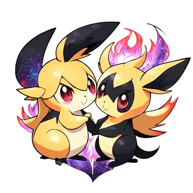 Cyndaquill and shiny Umbreon in love touching noses with Umbreon in fire and cyndaquill in purple galaxy tattoo design idea