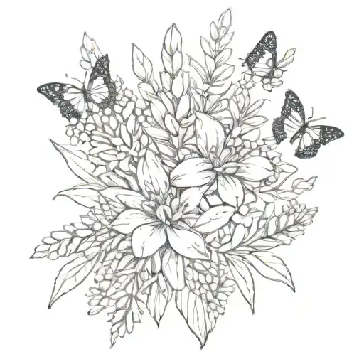 lupine, wild bergamot, butterfly weed, and boneset flower bouquet  tattoo design idea