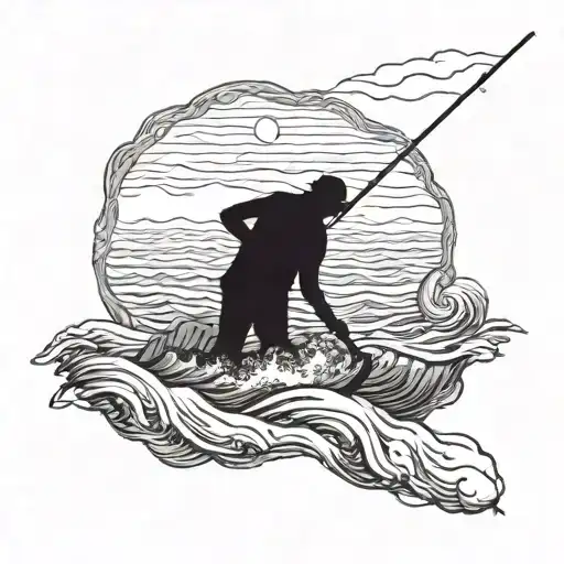 A detailed blackwork tattoo of a lone fisherman casting his line into a rough sea, symbolizing the challenges of life and the solitude of being single tattoo design idea