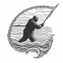 A detailed blackwork tattoo of a lone fisherman casting his line into a rough sea, symbolizing the challenges of life and the solitude of being single tattoo design idea