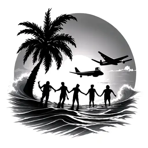 Palm tree, 6 friends, wave, sun, airplane tattoo design idea