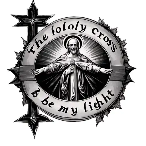 Realistic tattoo on the shin that says "the holy cross be my light" and something that refers to Saint Benedict tattoo design idea