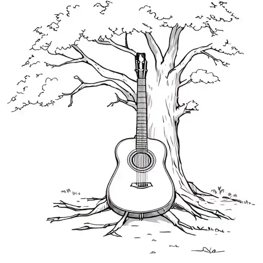 an acoustic guitar propped up against a tree tattoo design idea