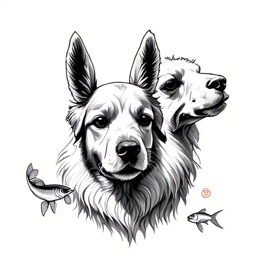golden retriever, llama, xiao long bao and fish tattoo design idea