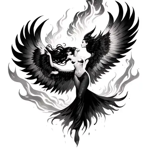 beautiful woman with full body, feminine curves, transforming into a phoenix with flames rising into the sky tattoo design idea