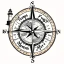 compass with a nautical map inside, text saying "Tempus Fugit Memento Mori", lighthouse, oceans, sunset tattoo design idea