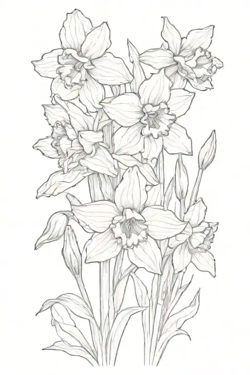 daffodil and violet and irises and poppy and larkspur fine line tattoo design idea
