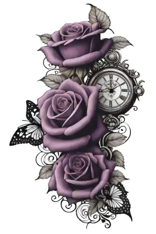 purple rose with leaves and clock below it showing 3:45am roman numeral and butterflies forearm tattoo design idea