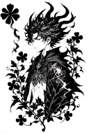 black clover anime with asta demon silhouette with five leave clover background tattoo design idea