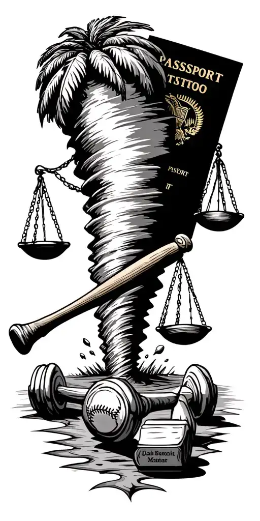 tornado sucking up scales of justice, baseball bat, passport, dumbbell, and palm tree. tattoo design idea