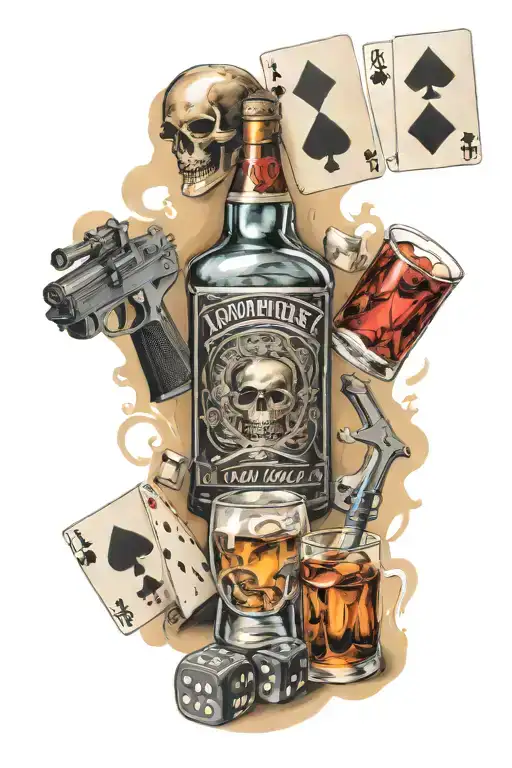 alcohol bottles roulettes cards dice guns tattoo design idea