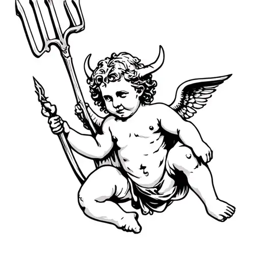 demon Cherub holding pitchfork tattoo design idea