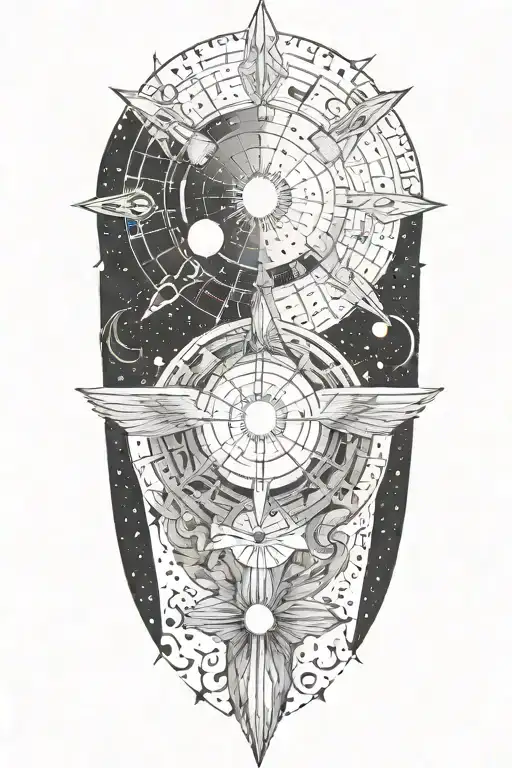 A celestial sleeve tattoo incorporating elements of the universe and ancient Sumerian motifs tattoo design idea