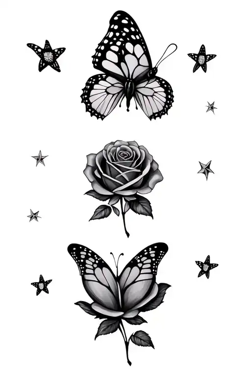 rose stars butterfly tattoo design idea