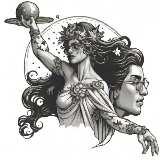 greek goddess of life, full body, wearing glasses, surrounded by stars tattoo design idea
